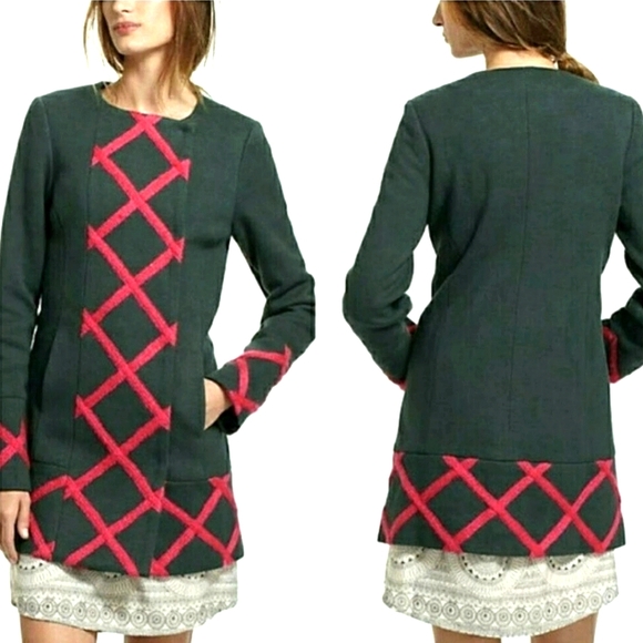 Elevenses Embroidered Military Dress Coat Emerald + Hot Pink - Picture 1 of 13